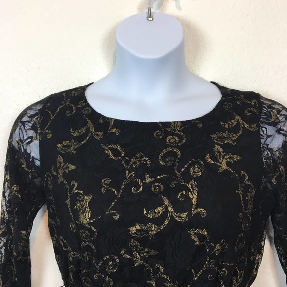 Funky 90s y2k Goth Wanna Be Black Lace Dress with Gold - Picture 4 of 7
